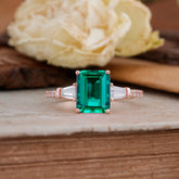 3 Carat Emerald Cut Emerald Ring Three Stone Engagement Ring