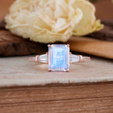 3 Carat Emerald Cut Moonstone Ring Three Stone Engagement Ring