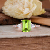 3 Carat Emerald Cut Peridot Ring Three Stone Engagement Ring