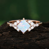 Dainty Princess Cut Opal Enagement Ring Vintage Side Stone Ring