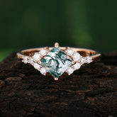 Dainty Princess Cut Moss Agate Enagement Ring Vintage Side Stone Ring