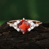Dainty Princess Cut Garnet Enagement Ring Vintage Side Stone Ring