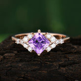 Dainty Princess Cut Amethyst Enagement Ring Vintage Side Stone Ring