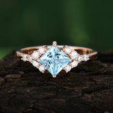 Dainty Princess Cut Aquamarine Enagement Ring Vintage Side Stone Ring