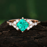 Dainty Princess Cut Emerald Enagement Ring Vintage Side Stone Ring