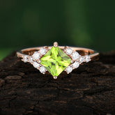 Dainty Princess Cut Peridot Enagement Ring Vintage Side Stone Ring