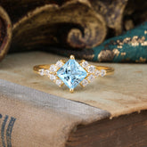 Dainty Princess Cut Aquamarine Enagement Ring Vintage Side Stone Ring