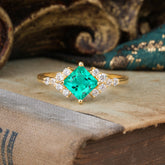 Dainty Princess Cut Emerald Enagement Ring Vintage Side Stone Ring