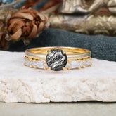 4 Prong Round Cut Black Rutilated Quartz Solitaire Ring with Wedding Band Bridal Set