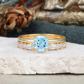 Round Cut Aquamarine Solitaire Ring with Wedding Band Bridal Set