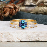 4 Prong Round Cut Alexandrite Solitaire Ring with Wedding Band Bridal Set