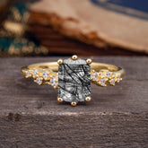 2 Carat Emerald Cut Black Rutilated Quartz Wedding Ring Classic Side Stone Promise Ring