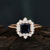 Princess Cut Black Onyx Engagement Ring Brilliant Cluster Ring