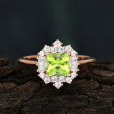 Princess Cut Peridot Engagement Ring Brilliant Cluster Ring
