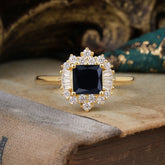 Princess Cut Black Onyx Engagement Ring Brilliant Cluster Ring