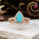 1.5 Carat Pear Shaped Turquoise Engagement Ring Classic Wedding Ring Set