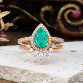 1.5 Carat Pear Shaped Emerald Engagement Ring Classic Wedding Ring Set