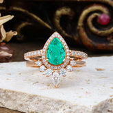 1.5 Carat Pear Shaped Emerald Engagement Ring Classic Wedding Ring Set