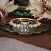 1CT Emerald Cut Black Rutilated Quartz Half Eternity Stacking Wedding Band Ring