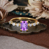 1CT Emerald Cut Amethyst Half Eternity Stacking Wedding Band Ring