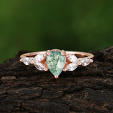 Pear Shaped Moss Agate Engagement Ring Nature Inspired Promise Ring