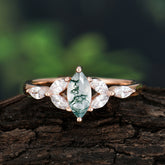 Classic Marquise Cut Moss Agate Engagement Ring Sider with 3-stone
