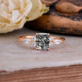 1 Carat 4 Prong Emerald Cut Black Rutilated Quartz Classic Side Stone Engagement Ring