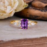 1 Carat 4 Prong Emerald Cut Amethyst Classic Side Stone Engagement Ring