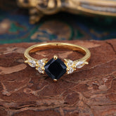 1CT Cushion Cut 4-prong Black Onyx Engagement Ring Unique Marquise Cluster Wedding Promise Anniversary Dainty Ring