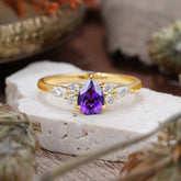 3 Prong Classic Pear Cut Side Stone Amethyst Engagement Ring
