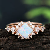 Sparkling Princess Cut Vintage Halo Cluster Opal Engagement Ring