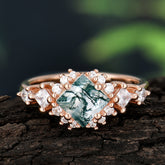 Sparkling Princess Cut Vintage Halo Cluster Moss Agate Engagement Ring