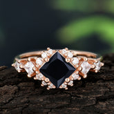 Sparkling Princess Cut Vintage Halo Cluster Black Onyx Engagement Ring