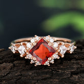 Sparkling Princess Cut Vintage Halo Cluster Garnet Engagement Ring