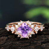 Sparkling Princess Cut Vintage Halo Cluster Amethyst Engagement Ring