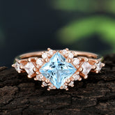 Sparkling Princess Cut Vintage Halo Cluster Aquamarine Engagement Ring