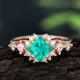 Sparkling Princess Cut Vintage Halo Cluster Emerald Engagement Ring