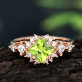 Sparkling Princess Cut Vintage Halo Cluster Peridot Engagement Ring