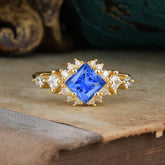 Sapphire Engagement Ring | 4 Prong Vintage Style | Sparkling Princess Cut | Sapphire Halo Cluster Ring