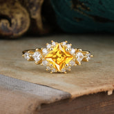 Sparkling Princess Cut Vintage Halo Cluster Citrine Engagement Ring