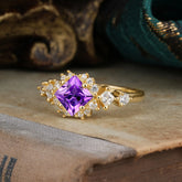 Sparkling Princess Cut Vintage Halo Cluster Amethyst Engagement Ring