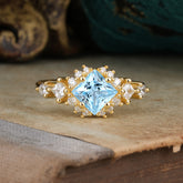 Sparkling Princess Cut Vintage Halo Cluster Aquamarine Engagement Ring