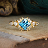 Sparkling Princess Cut Vintage Halo Cluster Aquamarine Engagement Ring
