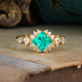 Sparkling Princess Cut Vintage Halo Cluster Emerald Engagement Ring