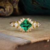 Sparkling Princess Cut Vintage Halo Cluster Emerald Engagement Ring