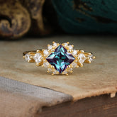 Sparkling Princess Cut Vintage Halo Cluster Alexandrite Engagement Ring