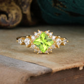Sparkling Princess Cut Vintage Halo Cluster Peridot Engagement Ring