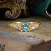 Round Cut Classic Moss Agate Engagement Ring Three Stone Wedding Ring