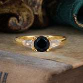 Round Cut Classic Black Onyx Engagement Ring Three Stone Wedding Ring