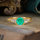 Round Cut Classic Emerald Engagement Ring Three Stone Wedding Ring